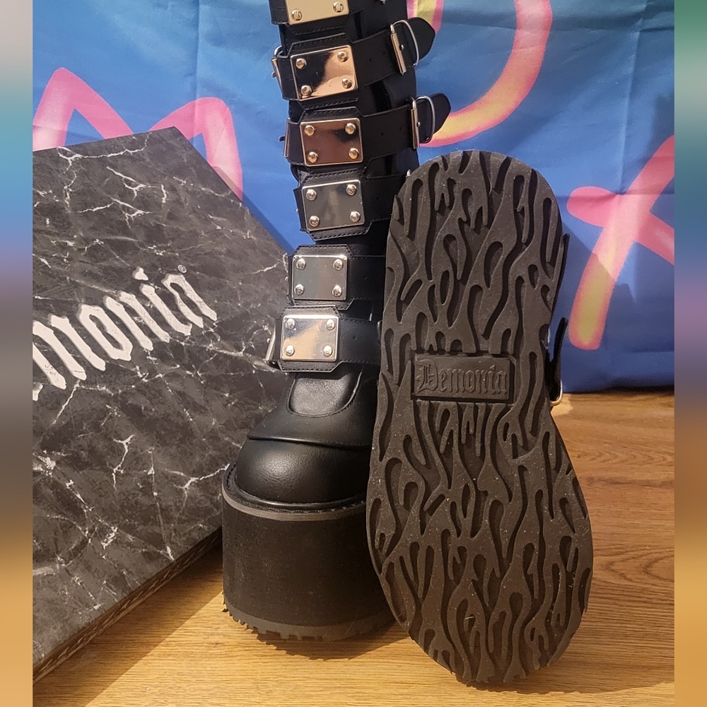 Demonia Swing-815 Platform Boots, Vegan Leather, Black, Size 9